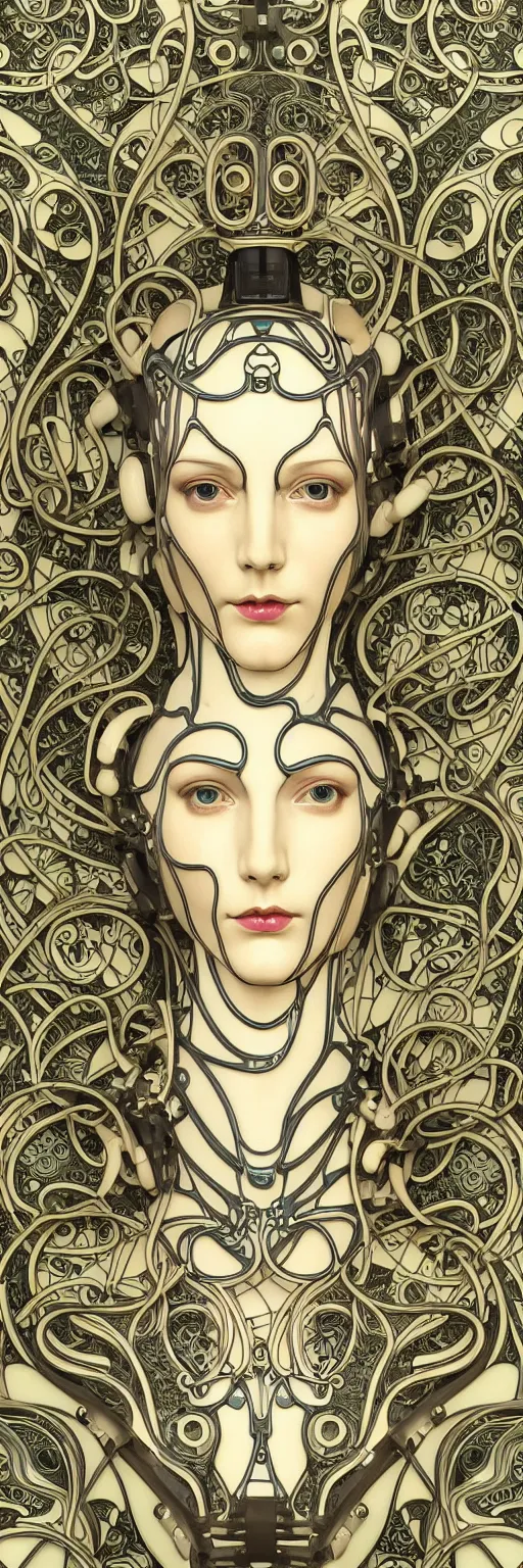 Image similar to seamless pattern of beautiful cybernetic art nouveau robot, beautiful art nouveau porcelain face + body is clear plastic, inside organic robotic tubes and parts, damask patern, front facing, wearing translucent baroque rain - jacket + symmetrical composition + intricate details, hyperrealism, wet, reflections + by alfonse mucha and moebius, no blur