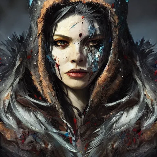 Image similar to closeup splatterpunk portrait of small darkelf in a heavy dark feathered and fur lined cloak, highly detailed, digital painting, artstation, concept art, smooth, sharp focus, photorealistic, art by Wei Fan and Fernanda Suarez and Artem Demura and alphonse mucha