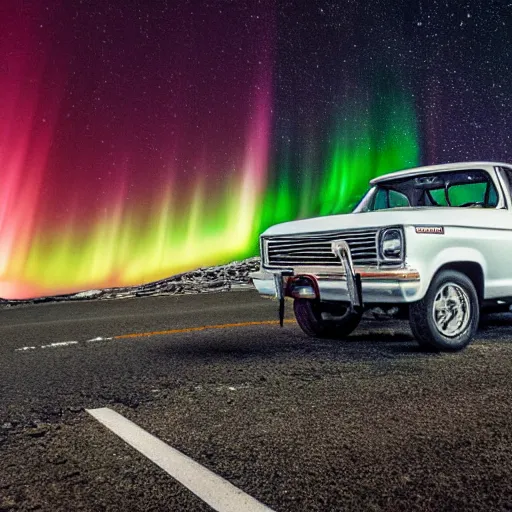 Prompt: a high quality filmic depth of field action horror motion blur movie style color film extreme closeup photograph of a white pickup truck crashing, glass shattering on a desolate road in 1982 antarctica with aurora borealis in the very dark nightime sky