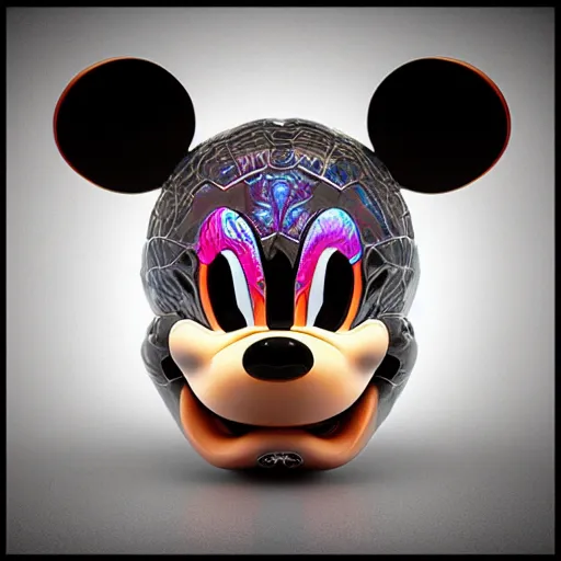 Image similar to counterfeit mickey mouse head, fractal, broken, LSD, wet, melting, fractured, mycelium, radiant alien, rococo, baroque, automotive, bio-mechanical, porcelain, iridescent, sub surface scattering, octane render