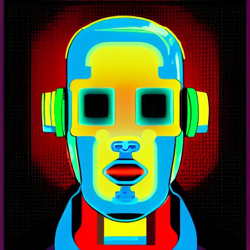 Prompt: a portrait of part man, part robot, in retro colors, synthwave style, 2 d digital vector art