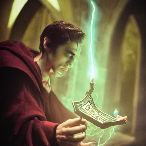 Image similar to a handsome young dark sorcerer casting a necromancer spell, evil glowing spellbook, photorealistic 35mm