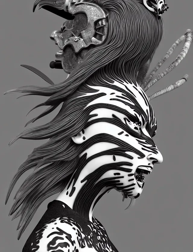 Image similar to 3 d goddess close - up profile simple portrait punk with mohawk with tiger skull. beautiful intricately detailed japanese crow kitsune mask and clasical japanese kimono. betta fish, jellyfish phoenix, bio luminescent, plasma, ice, water, wind, creature, artwork by tooth wu and wlop and beeple and greg rutkowski