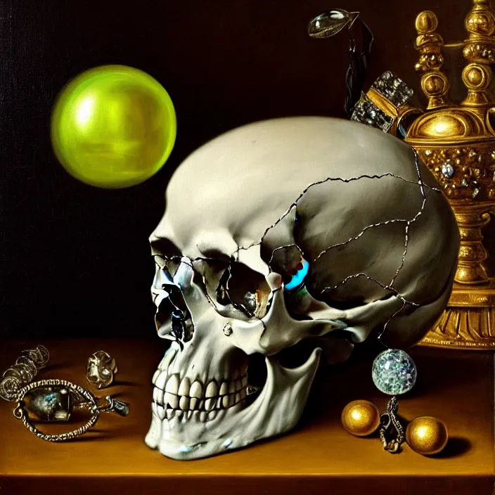 Prompt: still life painting of a skull with neon glowing crystal eyes, surrounded by various crystals, by pieter claesz, oil on canvas, strong lighting, highly detailed, hyper realism, golden hour, god rays, hd, 4 k