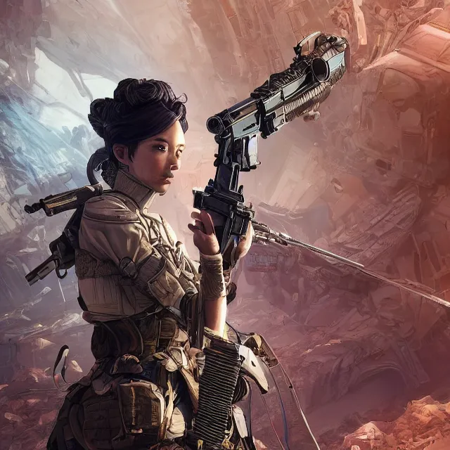 Prompt: the portrait of lawful neutral female futuristic infantry sniper as absurdly beautiful, gorgeous, elegant, young woman looking up, an ultrafine hyperdetailed illustration by kim jung gi, irakli nadar, intricate linework, bright colors, octopath traveler, final fantasy, unreal engine 5 highly rendered, global illumination, radiant light, detailed and intricate environment