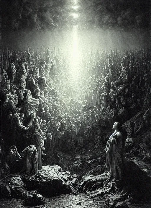 Image similar to as above, so below, epic scene, photorealistic, highly detailed, texture, soft light, dramatic, moody, ambient, painting by gustave dore