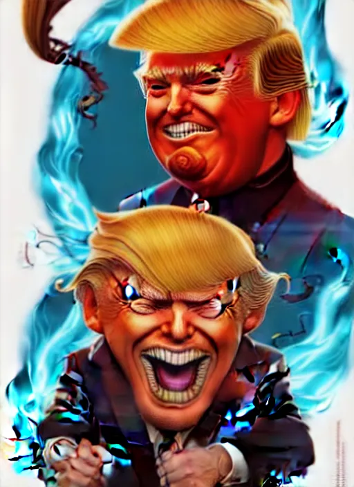 Prompt: donald trump bald and smiling, style artgerm, joshua middleton, illustration, anthropomorphic hamster steampunk half - cyborg, red fur, swirling fire flames cosmos, fantasy, dnd, cinematic lighting