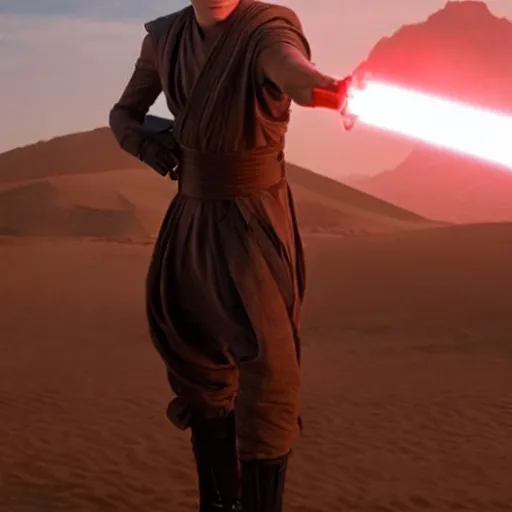 Prompt: tom holland plays anakin skywalker in the live action remake of star wars revenge of the sith, 3 5 mm photography, highly detailed, cinematic lighting, standing pose, holding a lightsaber, tatooine in the background, 4 k
