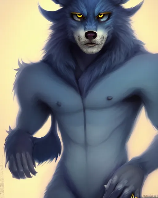 Image similar to character concept art, cute adult male anthropomorphic furry, cute fine face, darkblue werewolf, pants, pretty face, key visual, long human lightblue hair, realistic shaded furry face, fine details by stanley artgerm lau, wlop, rossdraws, james jean, andrei riabovitchev, marc simonetti, and sakimichan