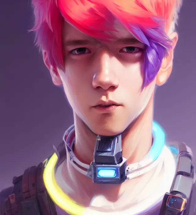 Image similar to character concept art of a cute young cyberpunk boy with colorful hair and collar | | cute - fine - face, pretty face, key visual, realistic shaded perfect face, fine details by stanley artgerm lau, wlop, rossdraws, james jean, andrei riabovitchev, marc simonetti, and sakimichan, trending on artstation