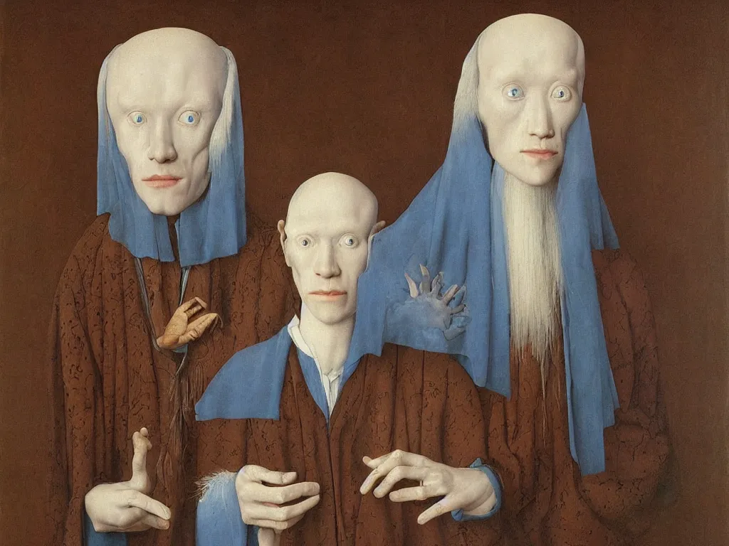 Image similar to Portrait of albino mystic with blue eyes, with anatomy of the eye. Painting by Jan van Eyck, Audubon, Rene Magritte, Agnes Pelton, Max Ernst, Walton Ford