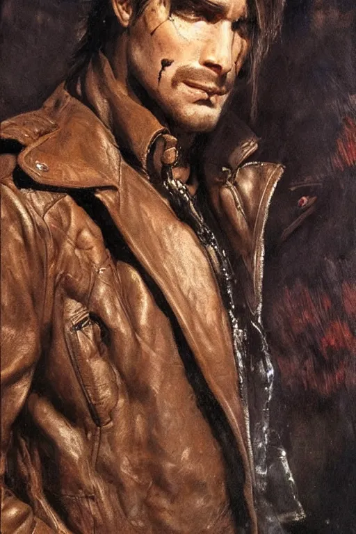 Prompt: a thirty - five year old contract killer named cobalt. he wears a brown leather jacket. he has a burn scar up the side of his face. art by gaston bussiere.