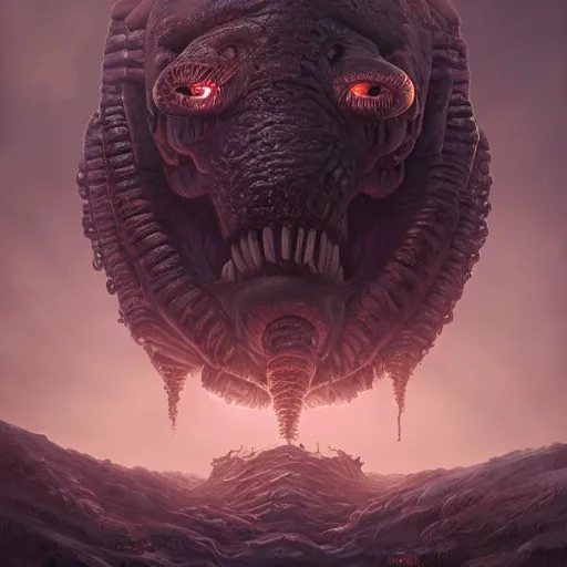 Prompt: the large enormous giant head of a monster appearing from a portal in the sky. lovecraft. lovecraftian. eldritch monster. detailed. uhd. photo realistic. realistic. by simon fetscher. andrei riabovitchev