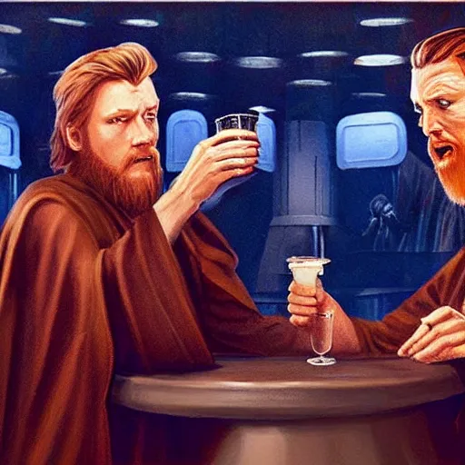 Image similar to star wars palpatine and obi wan drin beer in a sci - fi bar, movie still, screenshot, photorealistic painting, fanart, highly detailed