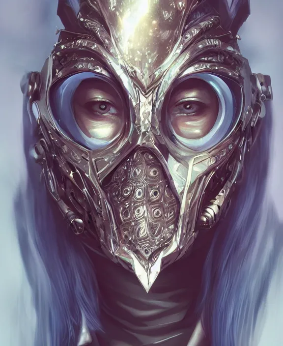 Prompt: portrait of a cyberpunk masked warrior, half body, glowin eyes, d & d, fantasy, intricate, elegant, highly detailed, digital painting, artstation, concept art, art by artgerm