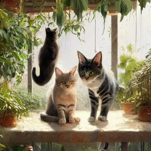 Prompt: two cats at a greenhouse in Ancient Greek | painting by Greg Rutkowski | trending on artstation | 8k | HD