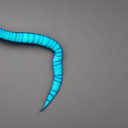 Image similar to studio photograph of a matte dark gray worm with a neon blue head and tail