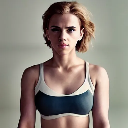 Image similar to a woman who is a genetic combination of scarlett johansson and emma watson face and upper - body focus