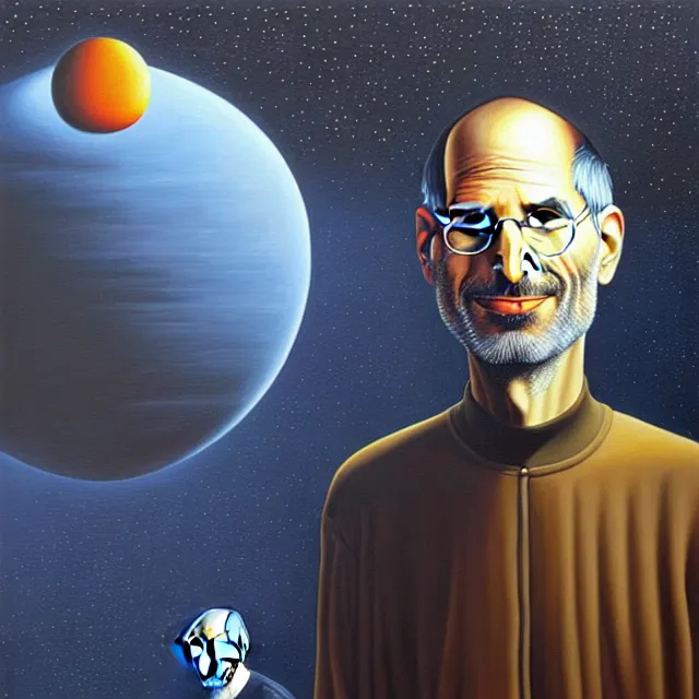 Prompt: an oil on canvas portrait painting of steve jobs in a surreal environment, surrealism, surrealist, cosmic horror, rob gonsalves, high detail