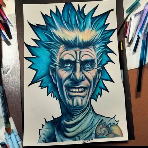 Prompt: rick sanchez art piece from best tattoo artist, realistic color by, on mat paper, winning, alltime favorite, instagram