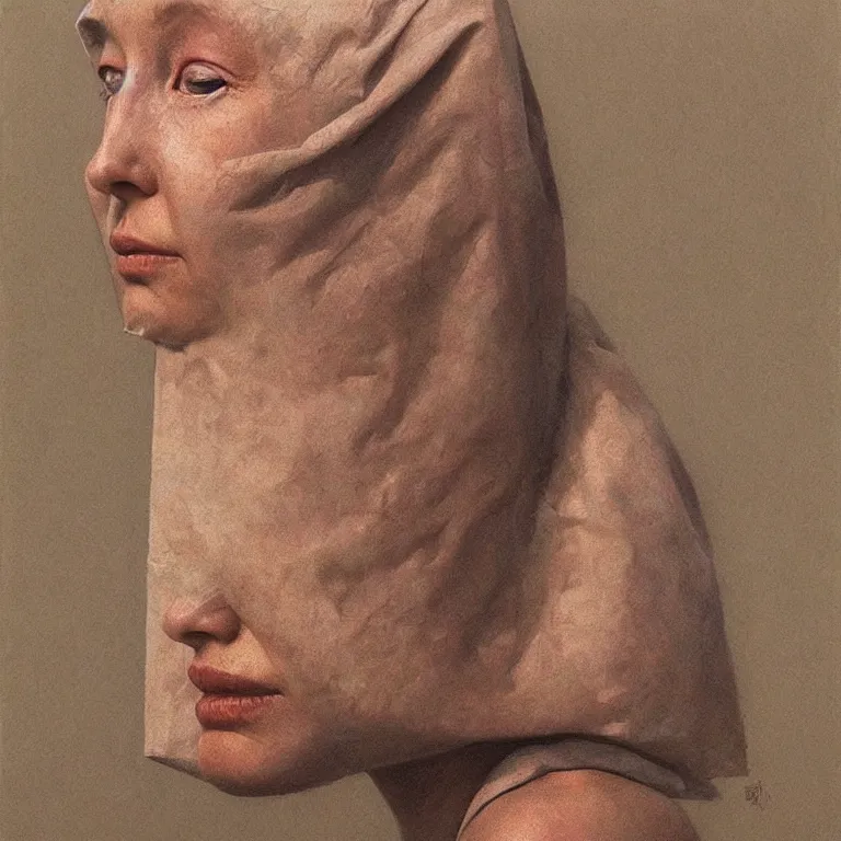 Prompt: pearl woman portrait with a paper bag over the head, highly detailed, artstation, art by zdislav beksinski, wayne barlowe, edward hopper