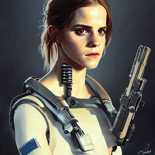 Image similar to Emma Watson as a cyborg android Terminator from the terminator movie, digital painting, artstation, concept art, sharp focus, illustration, art by greg rutkowski and alphonse mucha, highly detailed