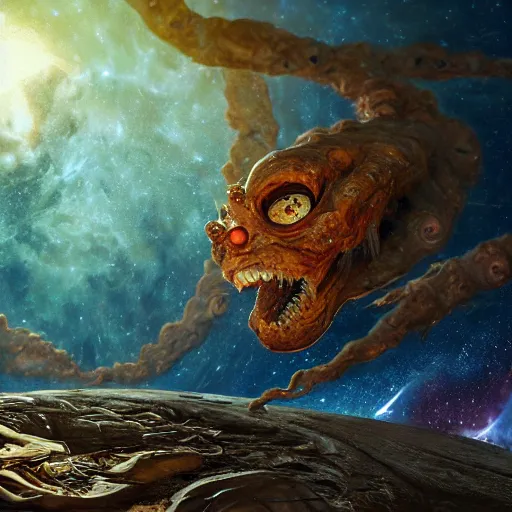 Image similar to one eldritch horror bloody garfield in space, galaxy, hd, 8 k, giant, epic, realistic photo, unreal engine, stars, prophecy, powerful, cinematic lighting, destroyed planet, debris, violent, sinister, ray tracing, dynamic, print, epic composition, dark, horrific, teeth, grotesque, scary, black ink drawing