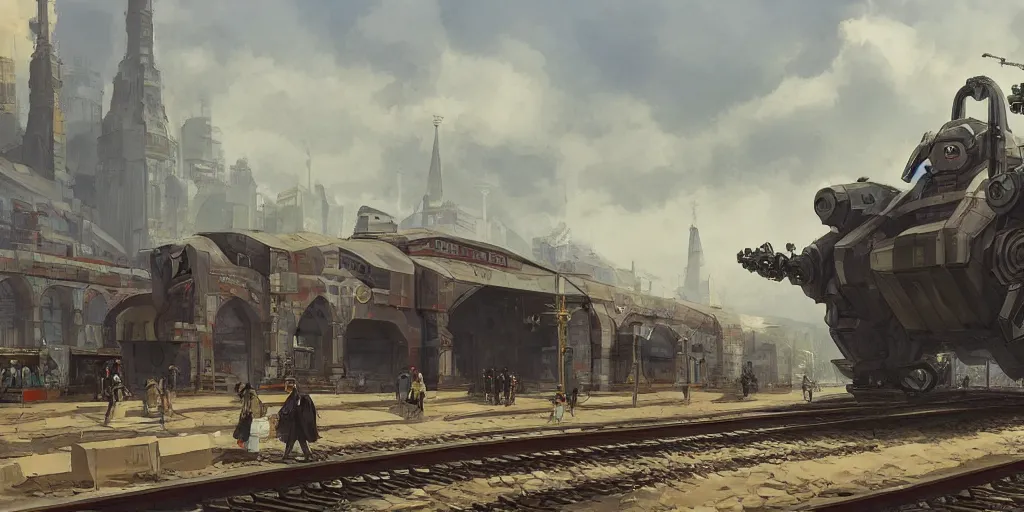 Image similar to a russian mecha, train station in summer, matte painting, afternoon, drama, by rozalski, artstation