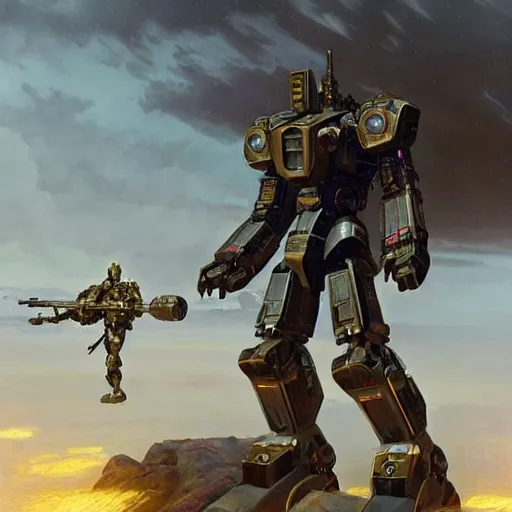 Image similar to epic painting of a realistic four - legged intricate battle robot, rule of thirds, golden ratio, subject in center of frame, trending on artstation, detailed science fiction matte painting by artgerm and greg rutkowski and alphonse mucha,