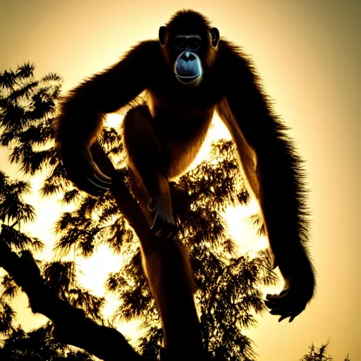 Prompt: rim light around fur of an ape on a tree, silhoutte, dim light, golden hour, tree top, dslr award winning photo, nikon