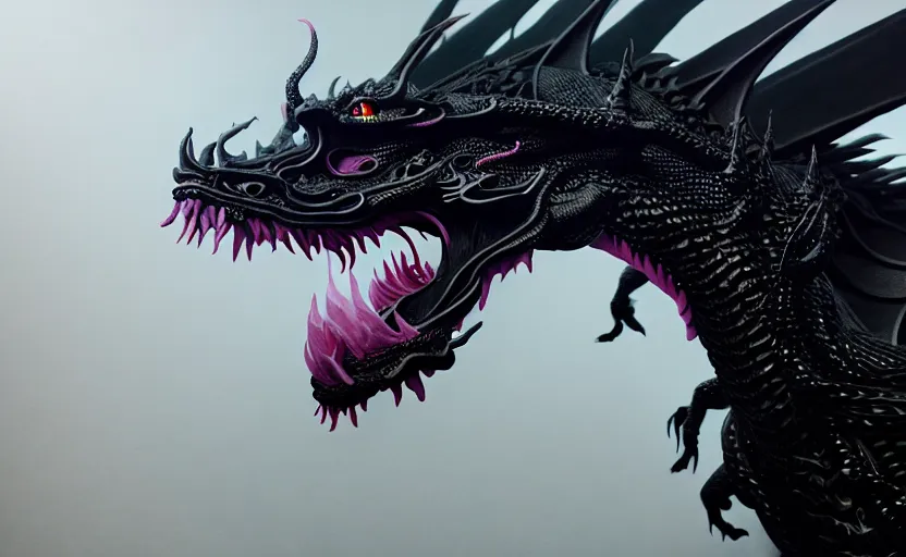 Image similar to a pastel color black dragon, extremely intricate and detailed, painted by francis bacon, adrian ghenie, and james jean. 8 k cinematic lighting, hyper realism