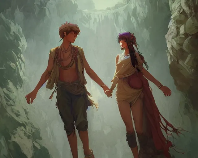 Image similar to a cinematic boy girl traditional romance moment, exploring the caves boho clothing, full body illustration, bestselling movie art poster, official media, 1970s fashion, dynamic lighting official anime media, incredible art by artgerm and greg rutkowski