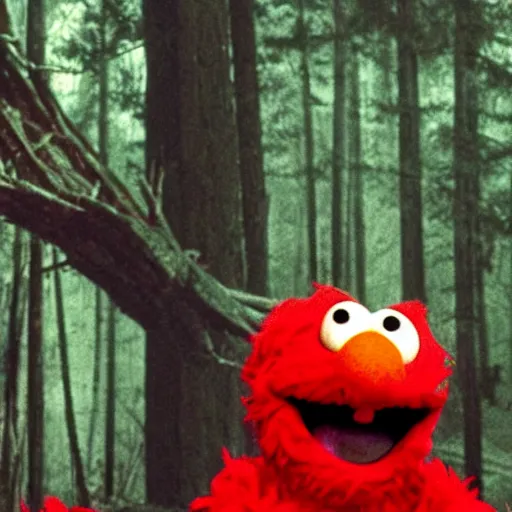 Image similar to elmo in the blairwitch project, scary, disturbing.