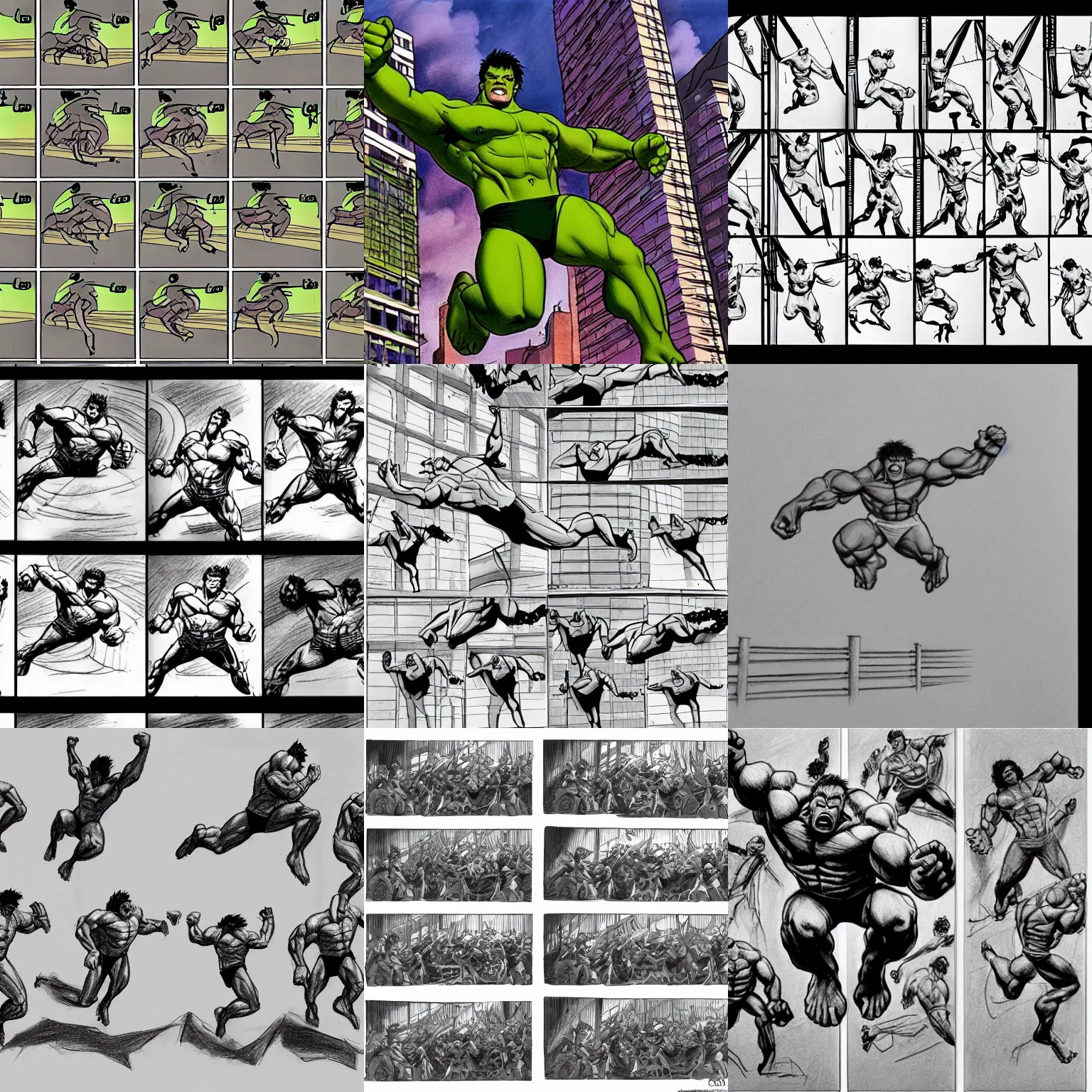 Prompt: a series of drawings in sequence, animation sequence of drawings, showing the incredible hulk jumping over a huge building, storyboard