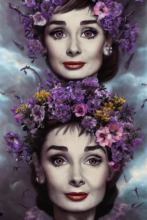 Image similar to closeup portrait fine art photo of the beauty audrey hepburn, she has a crown of stunning flowers and dress of purple satin and gemstones, background full of stormy clouds, by peter mohrbacher