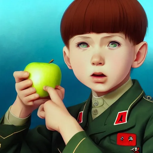 Prompt: portrait of little boy wearing nazi uniform eating an apple by ilya kuvshinov and anna dittmann and studio ghibli and wlop and rossdraws, digital art, trending on artstation, anime arts, featured on pixiv, blue lighting, hd, 8 k, highly detailed, good lighting, beautiful, epic, masterpiece