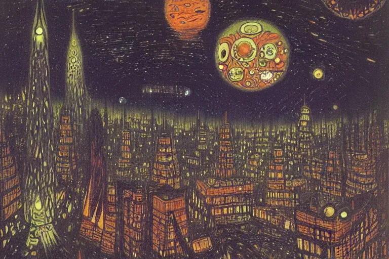 Image similar to a scifi illustration, Night City on Geidi Prime by Louis Wain (1920)