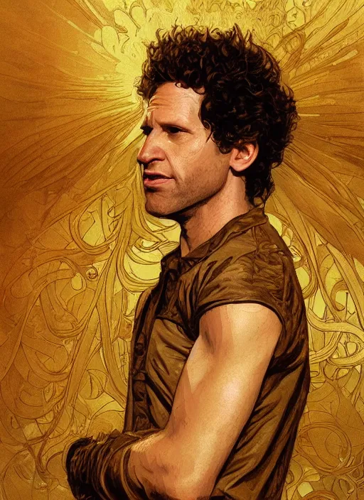 Image similar to Glenn Howerton as the Golden God, intricate, highly detailed, digital painting, artstation, concept art, sharp focus, illustration, art by greg rutkowski and alphonse mucha