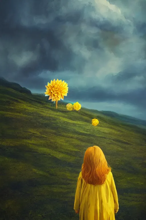 Image similar to closeup girl with huge yellow dahlia flower face, intricate, standing on mountain, surreal photography, blue storm clouds, dramatic light, impressionist painting, digital painting, artstation, simon stalenhag