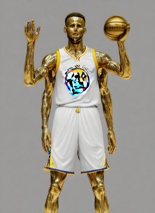 Image similar to a statue made of white marble with gold veins, of steph curry with a basketball in his hands, transhumanism, full body shot, perfect symmetrical body, perfect symmetrical face, hyper realistic, hyper detailed, by johannen voss, by peter kemp, by monia merlo, by michelangelo, by alex grey, octane render, blender, 8 k