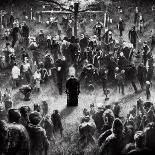 Prompt: photograph of a funeral with a zombie coming up out of the ground. 8k