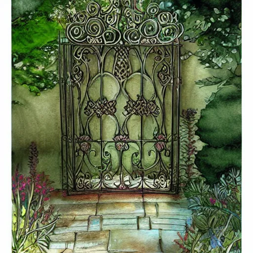 Image similar to delicate, mage enchanting chair, garden, paved, botanic watercolors, iridescent, 8 k, realistic shaded, fine details, artstation, italian, iron gate, tree, mediterranean