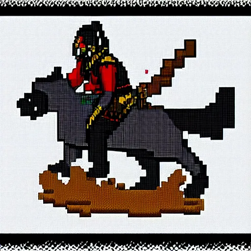 Image similar to pixel art, warrior queen on a dire wolf riding onto battle