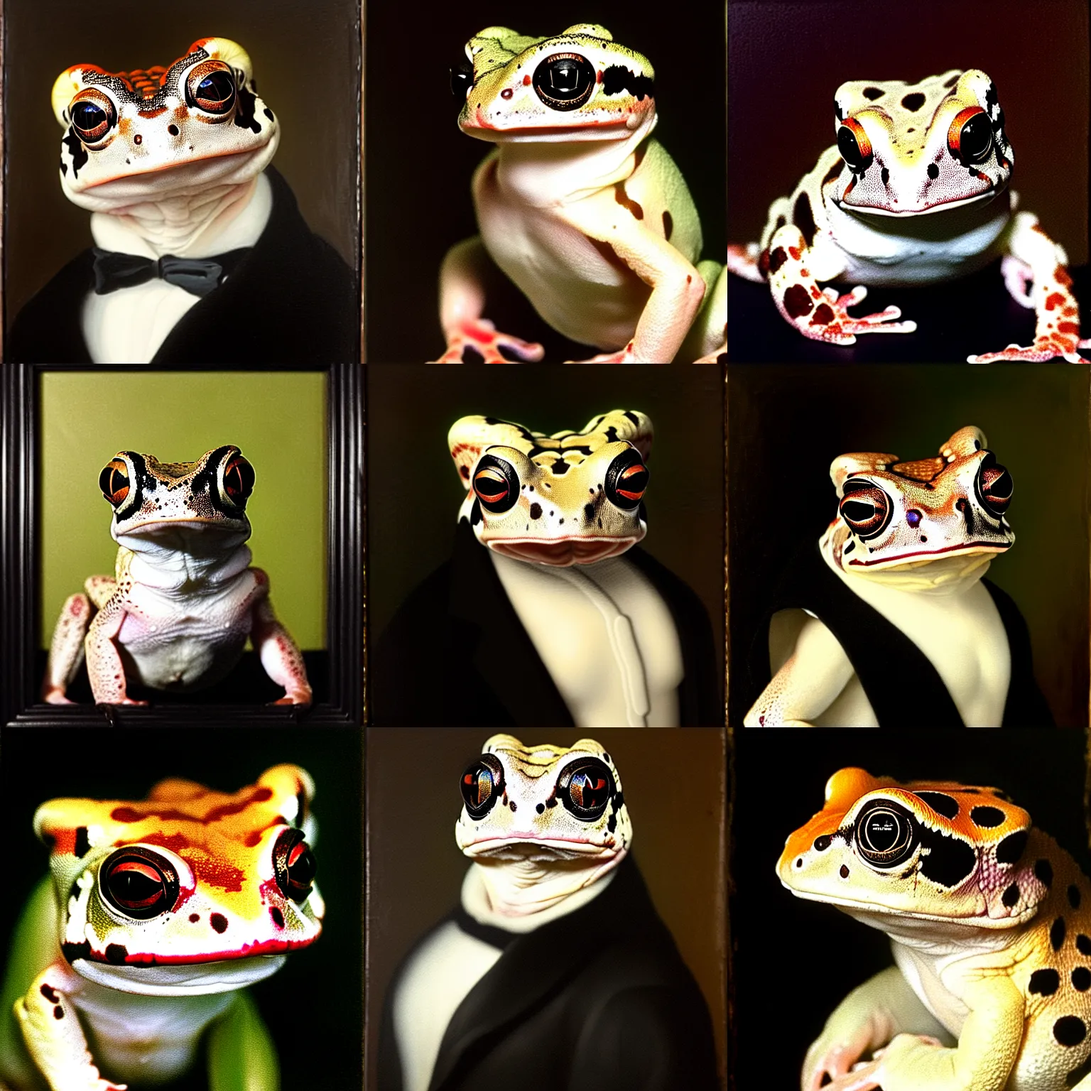 Prompt: a head - and - shoulders portrait of an amazon milk frog wearing a black coat with a white vest looking off camera, an american romanticism painting, oil on canvas, cgsociety, soft focus