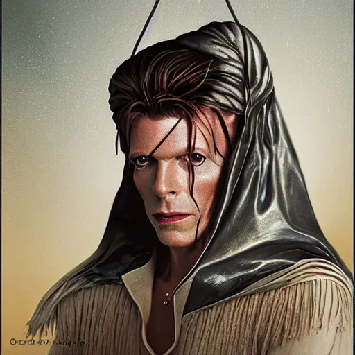 Prompt: portrait of david bowie in labyrinth as a middle eastern man with ear - length wavy black hair wearing a sufi turban glowing teardrop - shaped prism pendant on a leather thong, art by greg rutkowski, jesper ejsing, ilya kuvshinov, fantasy, highly detailed, unreal engine, complementary colors, studio photography, matte painting, 8 k