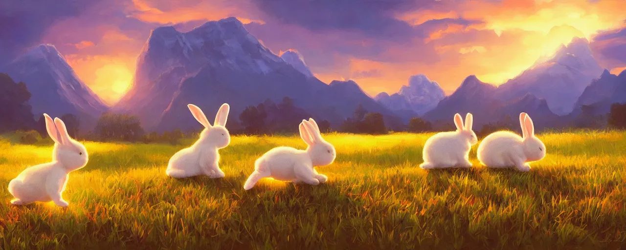 Image similar to cotton bunnies hopping around in a beautiful nature landscape with clouds, mountains, in background, sunset, by rhads