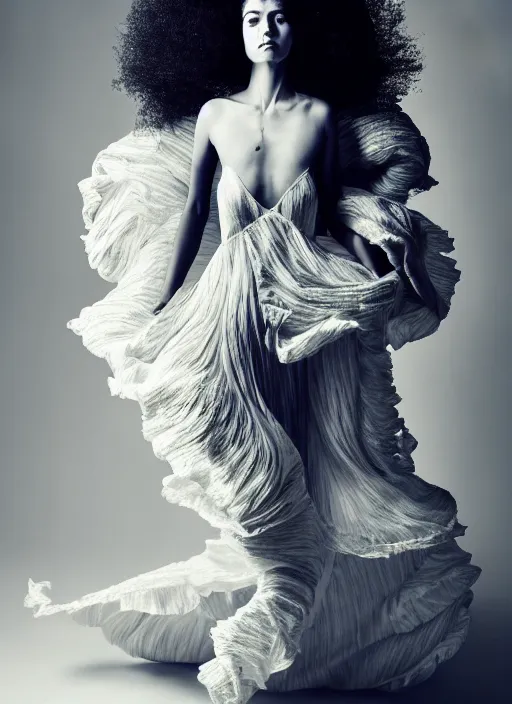 Image similar to a full body portrait of a woman by justin ridler wearing an intricate billowing dress, face in the style of irakli nadar