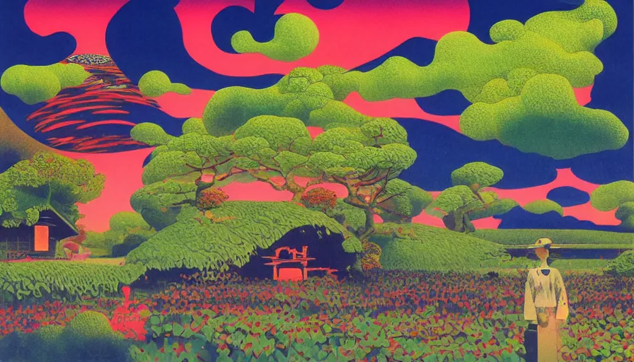 Prompt: Japan rural splendor travel and tourism c2050, surrealist psychedelic collage painting in the style of Magritte, Roger Dean, Yoshio Awazu, muted deep neon color