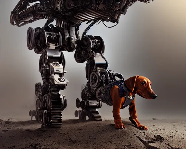 Prompt: terminator dachshund robot, mechanical, machine, octane render, concept art, sharp focus, hyper - realistic, intricate, detailed, eduard pronin, luka mivsek, ruan jia