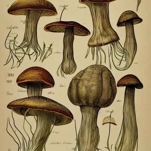 Prompt: 1 9 0 0's flora sketches of wild mushrooms